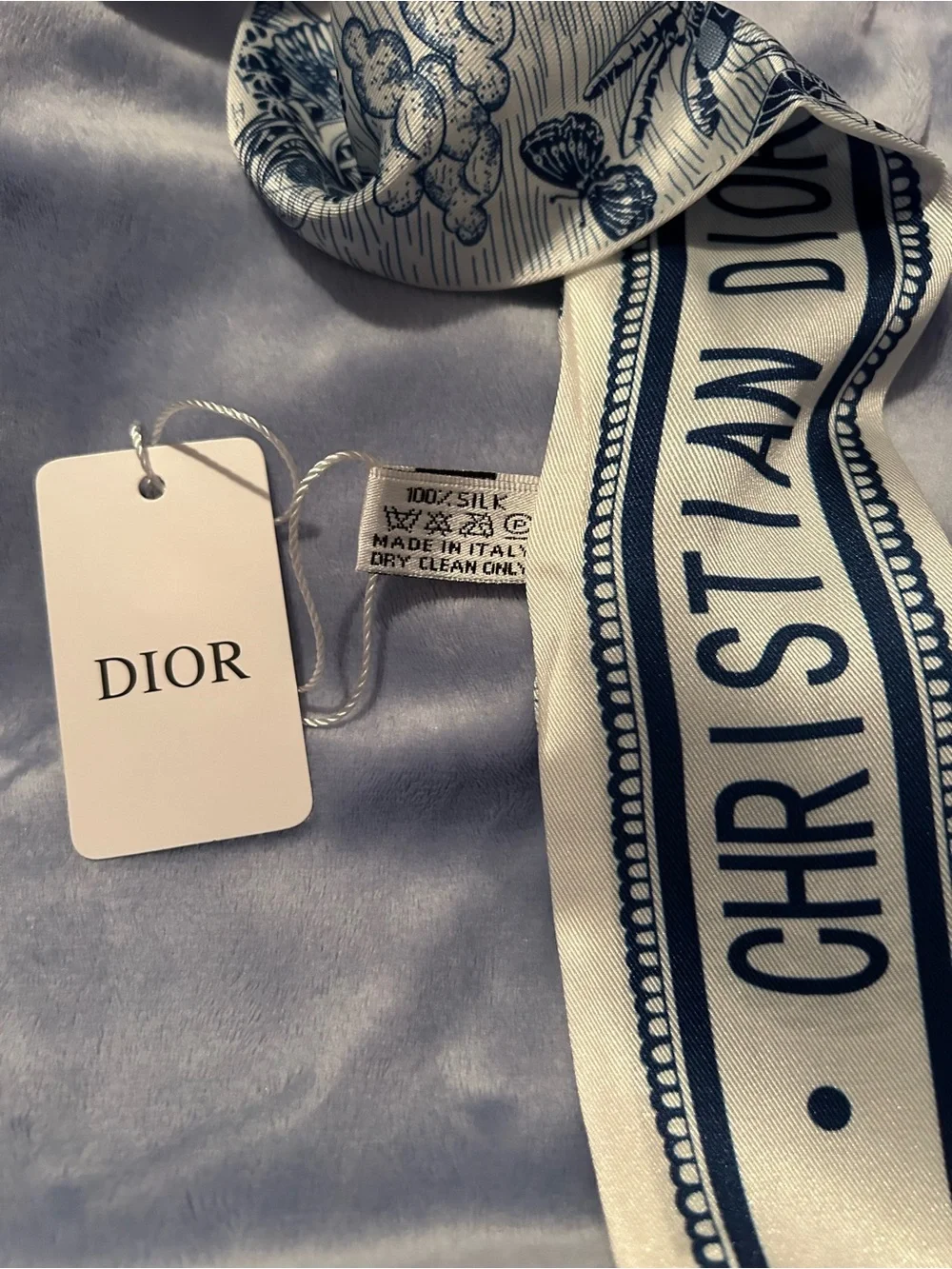 CD Ivory and Navy Silk Twilly Scarf
